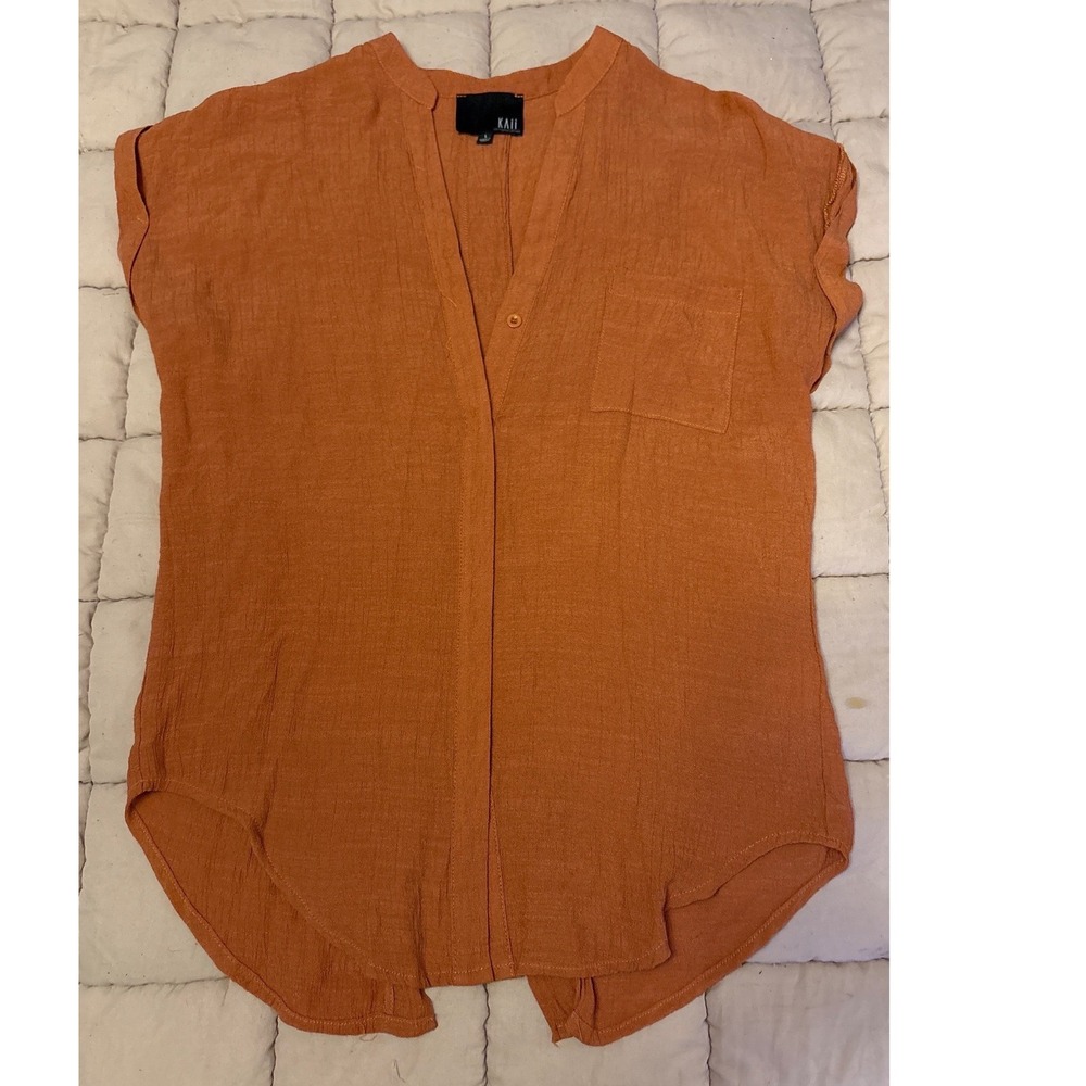 Kaii Women Orange Short Sleeve Blouse Lightweight Button Front Top,‎ Size L